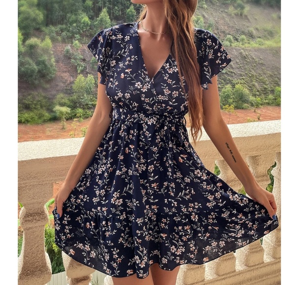 BellanBlue Dresses & Skirts - Boho Navy Blue Floral Lace Butterfly Sleeve Belted Mini Dress
